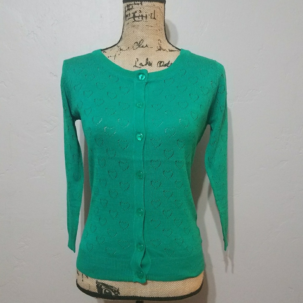 Heart Pointelle Green Cardigan.